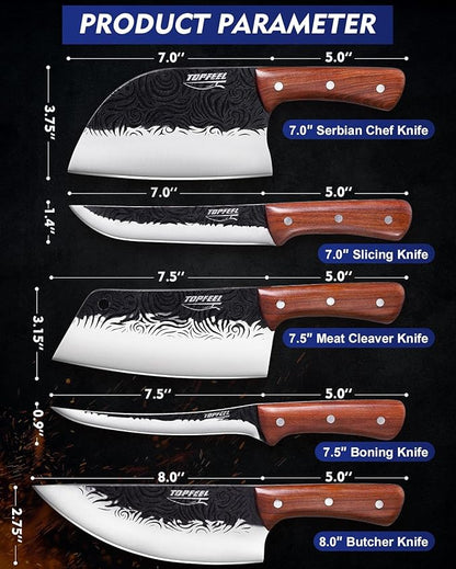 Topfeel Butcher Knife Set 5PCS, Hand Forged Kitchen Knives Set Serbian Chef