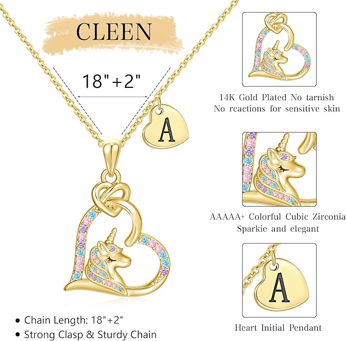 C-leen Unicorn Necklaces Gifts for Girls, 14K Gold Plated Colorful CZ Heart Initial Pendant Unicorn Necklaces for Girls Teens Jewelry Birthday Gifts