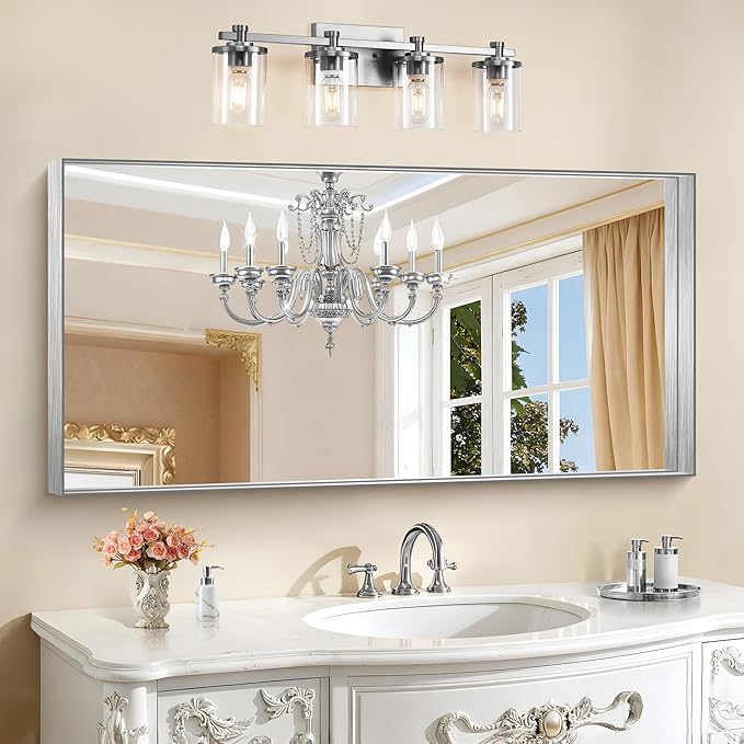 CIRCUMI Silver Bathroom Mirror, Brushed Finish, Tempered Glass, Large Mirror