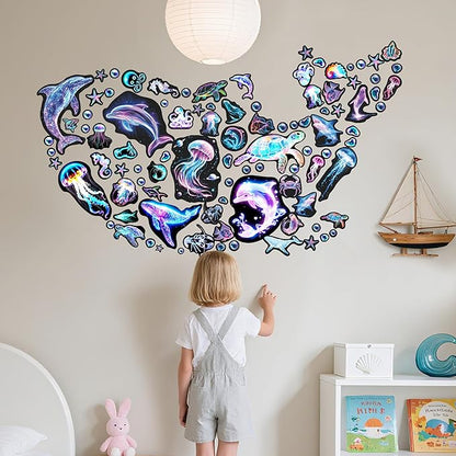 Fantasy Ocean Fish Wall Decals Glow in The Dark, Colorful Neon Ocean Animal Wall Stickers for Kids, Waterproof Vinyl Sea Creature Stickers, Ceiling Walls Room Bathroom Bedroom
