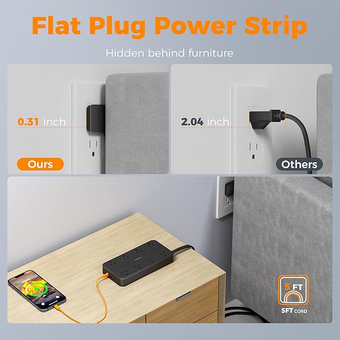 2000J Surge Protector Power Strip, TESSAN 5 FT Extension Cord