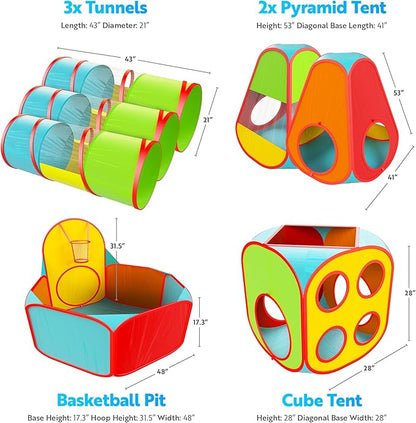 Playz 7pc Kids Play Tent with 1 Big Ball Pit for Babies, 3 Play Tunnel for Toddlers, and 3 Pop Up Tents Playhouse Bundle, Best Birthday Gift for Boys & Girls, Indoor & Outdoor Use Portable Play Center
