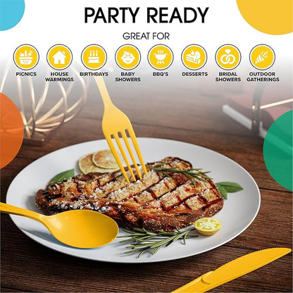 Party Solids Yellow Plastic Silverware Heavy Duty 300 Pieces Yellow Plastic Cutlery Sets, Utensil Sets, 100 Of Each Forks, Knives & Spoons Disposable Cutlery Set, Flatware Set For Party Supplies