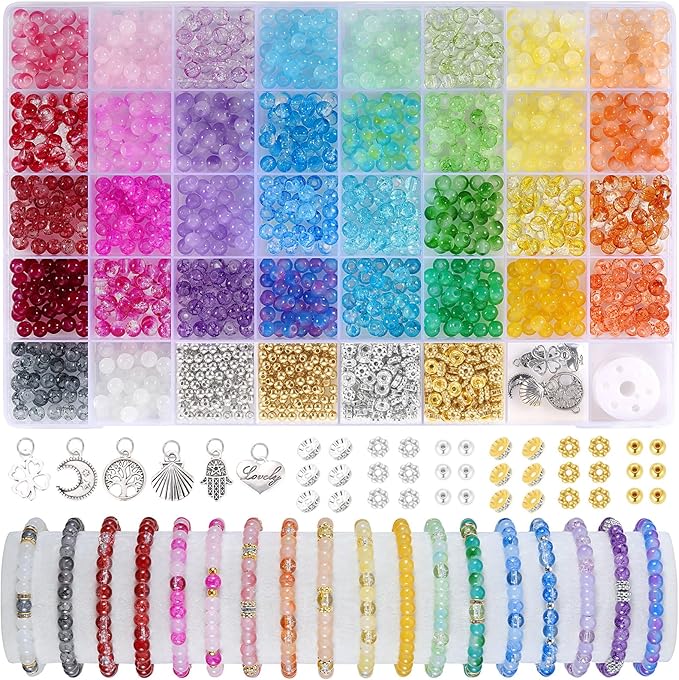 Funtopia Glass Beads for Bracelets 6mm, 1396pcs Bracelet Making Kit 34 Colors Glass Beads for Jewelry Making, Crystal Beads for Bracelets DIY Crafts with Spacer Beads and Charms