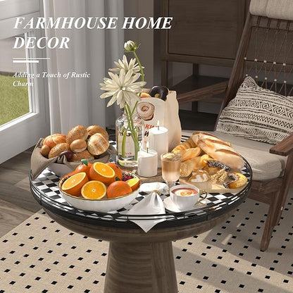 21" Black and White Kitchen Lazy Susan Turntable, Round Checkered Decorative