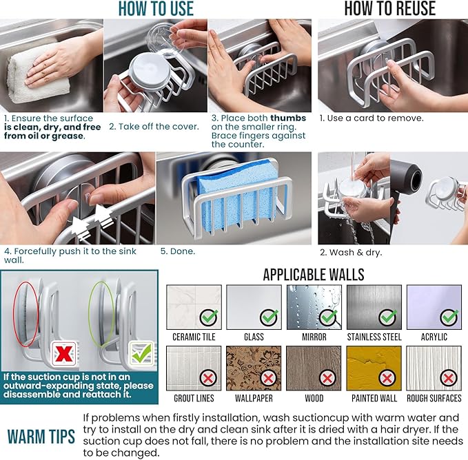 TAILI Sink Caddy with Strong Suction Cup, Sponge Holder