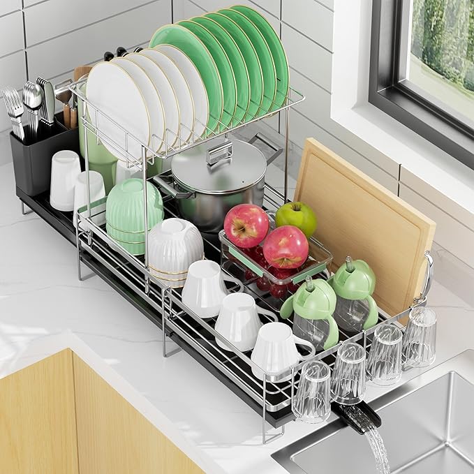 Large 2 Tier Dish Drying Rack, Extendable Dish Rack, Stainless Steel Anti-Rust