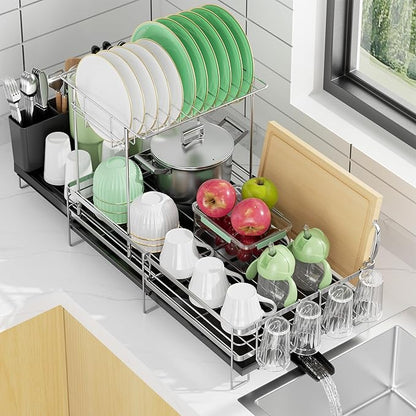 Large 2 Tier Dish Drying Rack, Extendable Dish Rack, Stainless Steel Anti-Rust