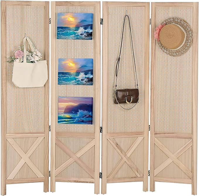 Wnutrees 4 Panel Pegboard Display, 5 Ft Wood Folding Privacy Screens Room