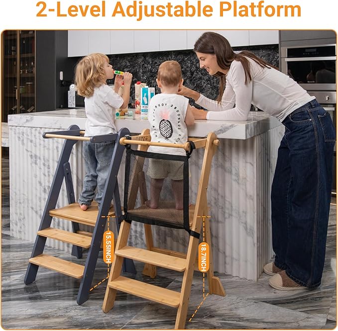 COSYLAND Foldable Toddler Standing Tower - Adjustable Height Folding Step Stool Kids Toddler Kitchen Stool Helper for Learning and Cooking - Ages 18 Months to 6 Years with Safety net Natural