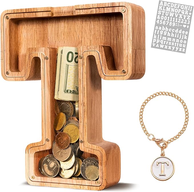 KMC Wooden Letter Piggy Bank, Personalized Initial Piggy Bank for Kids Boys, Clear Alphabet T Wood Money Box, Unbreakable Coin Saving Jar, Birthday, for Children
