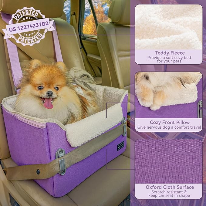 PETSFIT Small Dog Car Seat – Patented Safety Buckles – Safety Tether – Foldable Travel Dog Booster Car Seat Reduces Anxiety & Road Trips – Stable Frame, Soft Cushion, Fits Front/Back Seat (Purple)