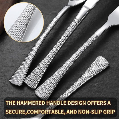 Lemeya Hammered Silver Silverware Set for 8,Stainless Steel 40-Piece Modern Cutlery Set,Mirror Polished Heavy Duty Flatware Set Utensil Set,Knives Spoons and Forks Set,Dishwasher Safe