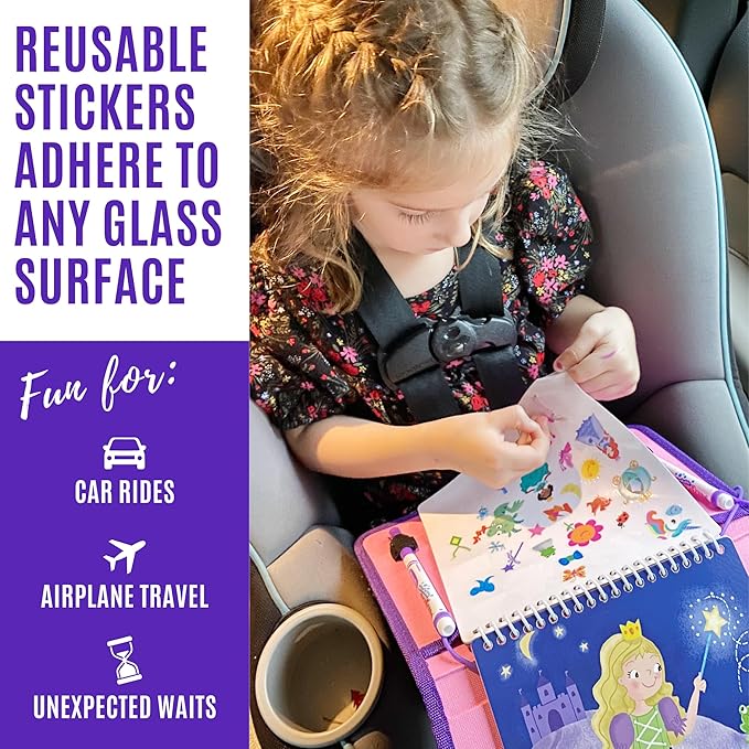 Totebook Kids Travel Educational Activity Book with Washable Markers - Car and Airplane Activities, Learning Toys for Toddlers- Search and Find, Reusable Stickers for Ages 4, 5, 6 (Princess)