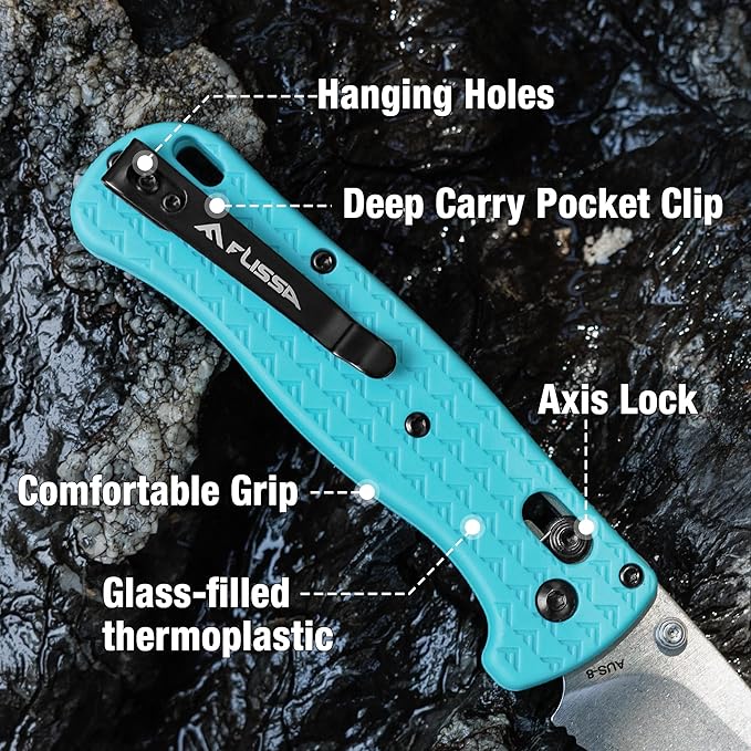 FLISSA 4.5" Folding Pocket Knife, Lightweight EDC Pocket Knife with Axis Lock, 3.2" AUS-8 Steel Blade, Sharp Camping Hiking Knife with Pocket Clip, Unique Tool Gift for Men, Dad (Blue)