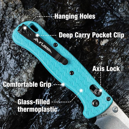 FLISSA 4.5" Folding Pocket Knife, Lightweight EDC Pocket Knife with Axis Lock, 3.2" AUS-8 Steel Blade, Sharp Camping Hiking Knife with Pocket Clip, Unique Tool Gift for Men, Dad (Blue)