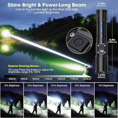 EDC Flashlights 2000 High Lumens Rechargeable - Long Beam Small Pocket LED Tactical Flashlight with Memory Function&Stepless Dimming&Power Display& IPX5 Waterproof for Emergency, Camping, Home