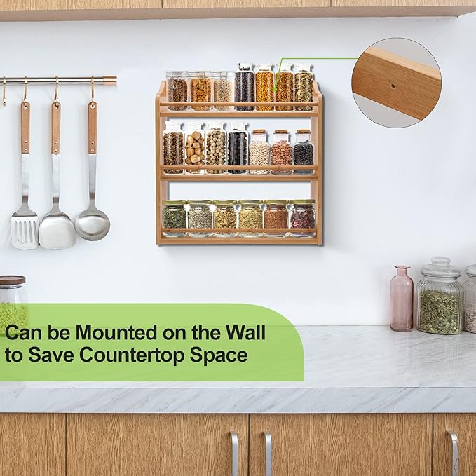 3 Tier Bamboo Spice Rack, Seasoning Jars Rack Shelf Spice Organizer
