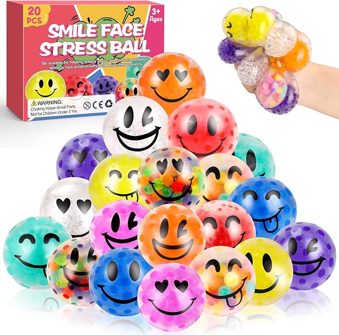 20Pack Fidget Stress Balls for Adults, Bulk Squishy Balls Set, Stress Relief Squeeze Ball for Birthday Gifts, Goodie Bag Stuffers