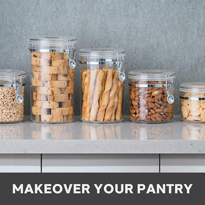 Oggi 4pc Clear Canister Set with Clamp Lids Airtight Containers in Sizes Ideal for Kitchen & Pantry Storage of Bulk, Dry Foods Including Flour, Sugar, Coffee, Rice, Tea, Spices & Herbs