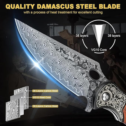 Damascus Pocket Knife, 3.3" Damascus Blade Wooden Handle EDC Pocket Knives & Folding Knives for Men Women