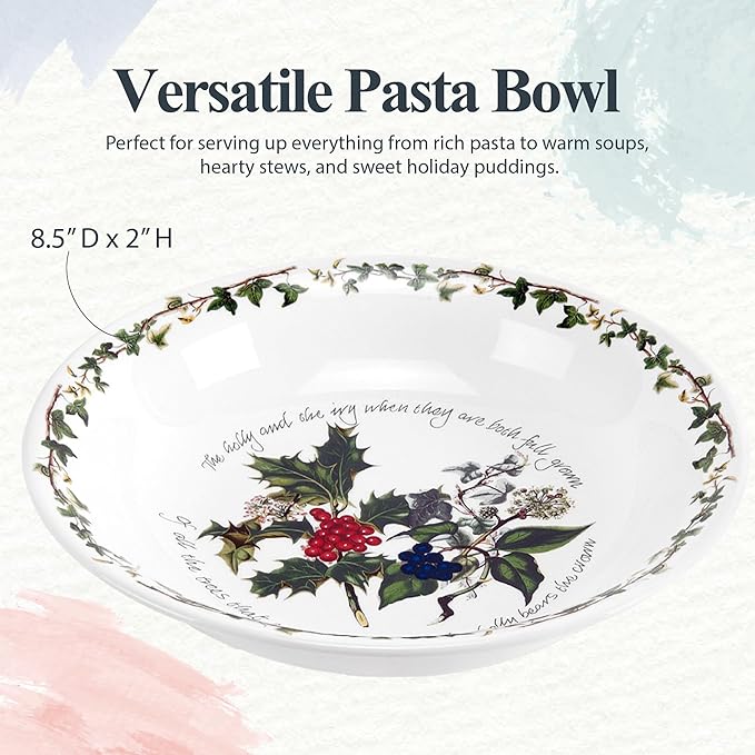 Portmeirion Holly and Ivy 8.5-Inch Pasta Bowls (Set of 4) - Holiday Earthenware for Christmas Feasts, Ideal for Serving Salad, Soups, Desserts - Microwave, Dishwasher Safe - Seasonal Tableware