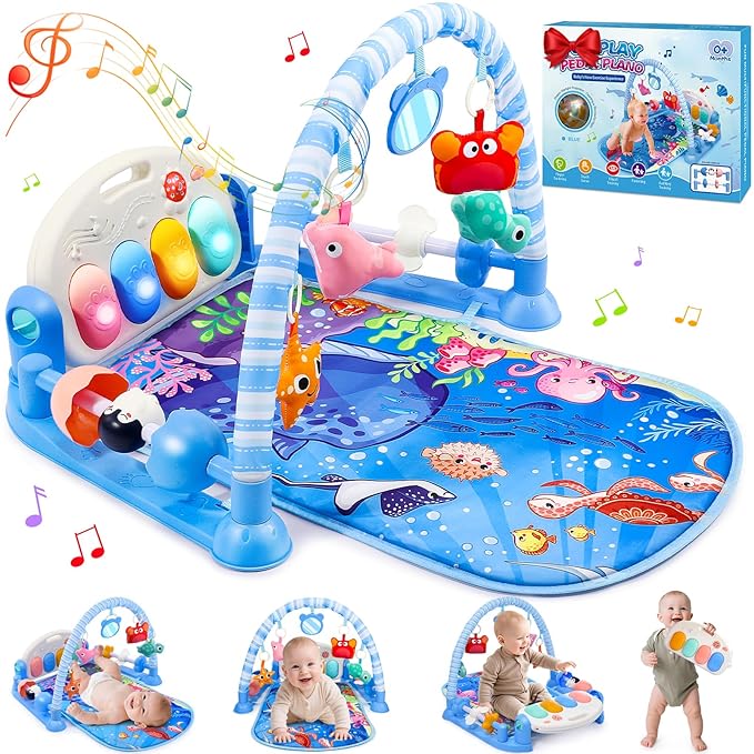 Baby Gyms Play Mats, Baby Toys Tummy Time Mat, Baby Activity Mat Play Piano Gym with 5 Sensory Toys for Babies, Music and Lights Boy & Girl Gifts for Infant Newborn Baby 0-3 4-6 6-9 6-12 Months