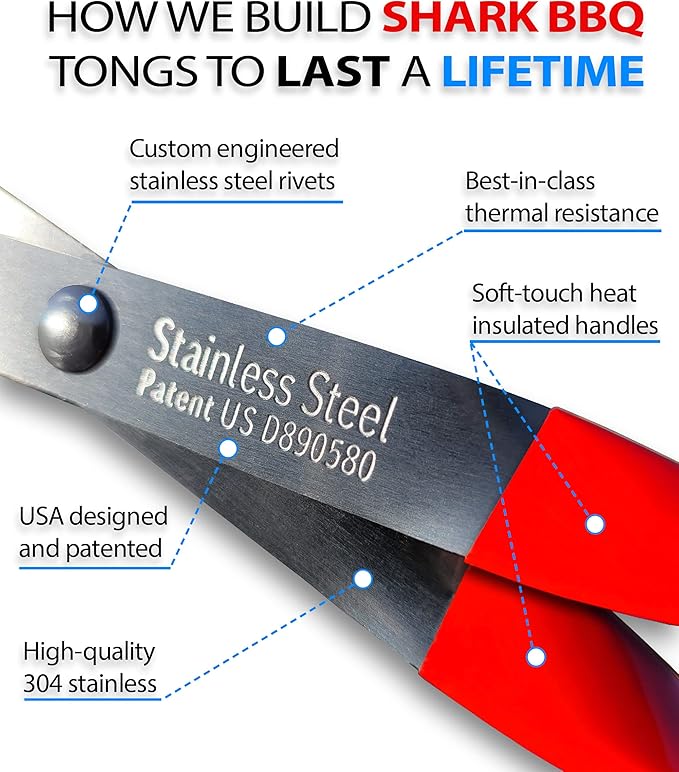 Shark BBQ Grill Tongs for Steaks - 2-Pack Gift Set - 17" & 13" Professional Kitchen and Outdoor Grilling Utensil Set (Red)