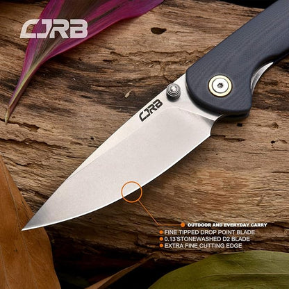 CJRB Folding Knife Feldspar Pocket Folding Knife Stonewash D2 Steel Blade G10 Tactical Handle EDC Knife,Blue Handle-Large(J1912)