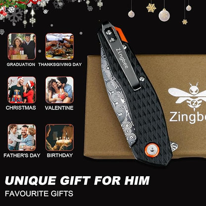 Damascus Folding Knife, 3.03" Damascus Steel Blade Pocket Knives with Clip, Black Aluminum Handles, Camping Folding Knife for Hunting Fishing Hiking Outdoor