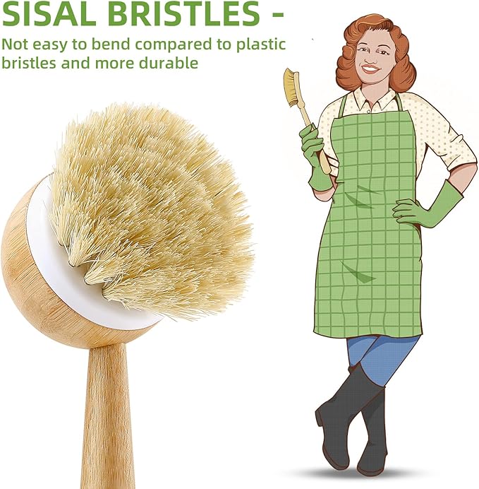 SUBEKYU Dish Brush with Handle, Natural Bamboo Dish Scrubber Brush, Kitchen