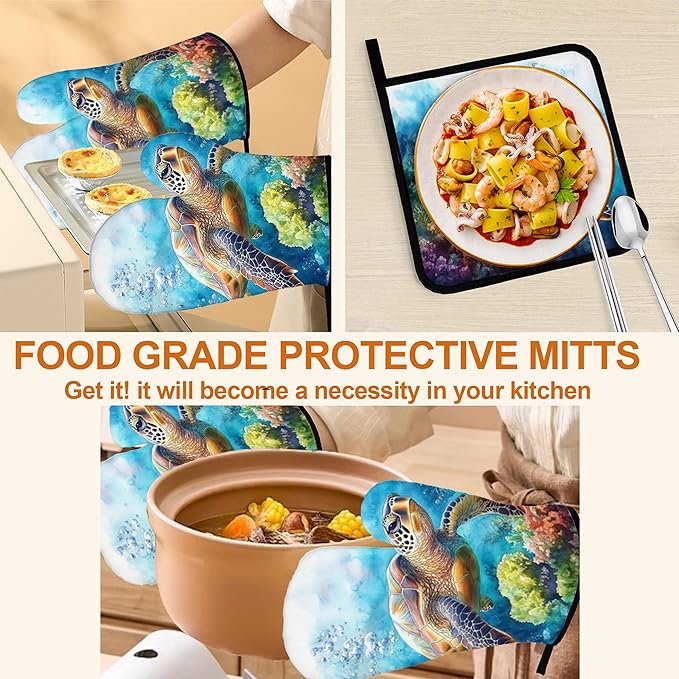 Ocean Turtle Pattern Oven Gloves and Hot Pads Set