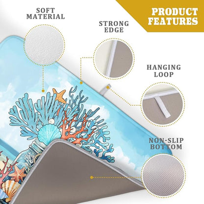 Coastal Coral Dish Drying Mat 18x24 inch Starfish Shell Fast Dry Microfiber