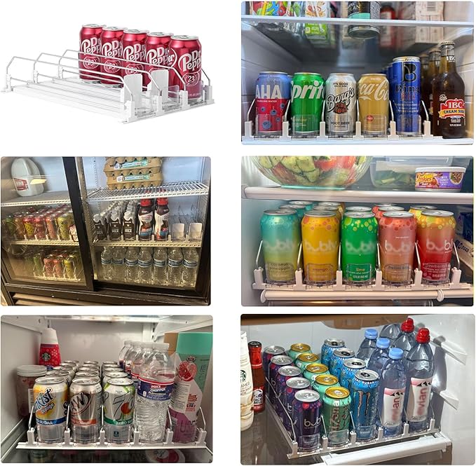 Drink Organizer for Fridge-White Automatic Pusher Glide, 12oz 16oz 20oz-Soda