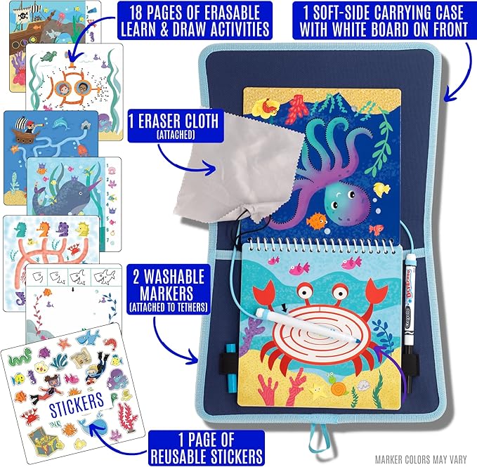 Totebook Kids Travel Educational Activity Book with Washable Markers - Car and Airplane Activities, Learning Toys for Toddlers- Search and Find, Reusable Stickers for Ages 4, 5, 6 (Ocean)