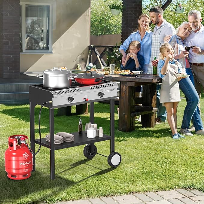 Bonnlo 2 Burner Propane Gas Stove with Auto Ignition, 150,000 BTU Portable Outdoor Camp Cooker Stove with Convenient Shelf & Smooth Rolling Wheels for Backyard, Camping, Tailgating, Patio Parties