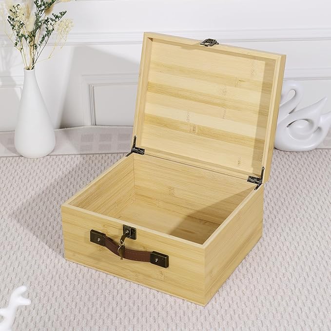 ANMINY Wooden Keepsake Memory Box with Locking Lid Bamboo Wood Storage Box with Hinged Lid & PU Leather Handles Large Decorative Wooden Chest Box for Crafts Stash Gifts - Natural, 12"L x 10"W x 6"H