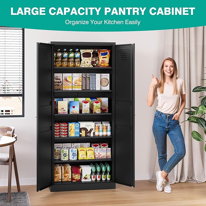 SISESOL Black Storage Cabinet,71" Tall Pantry Cabinet,Kitchen Pantry Storage Cabinets with 2 Doors and 6 Shelves,Wide Deep Metal Food Cupboard for Home,Kitchen,Dining/Living Room