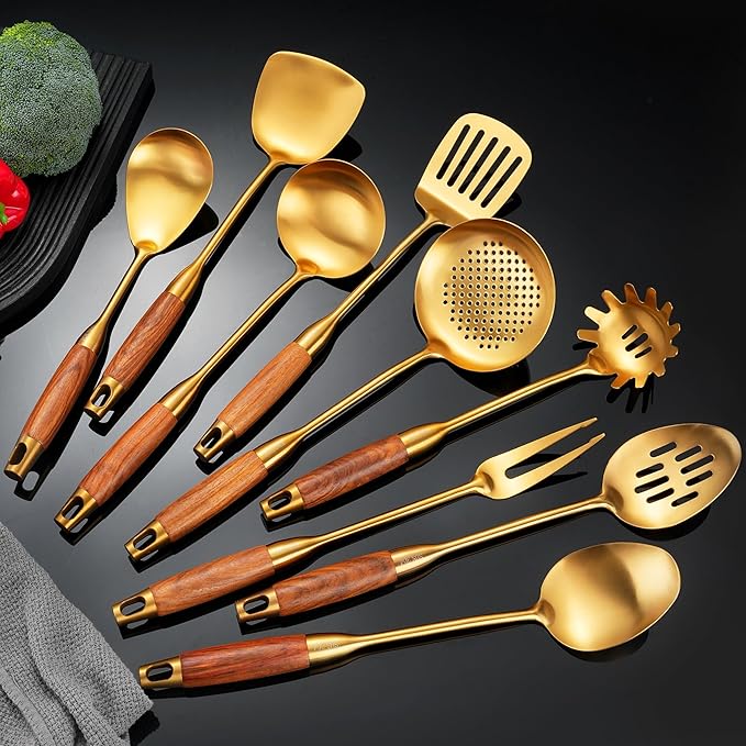 Gold Kitchen Utensils Set, Solid and Slotted Spoon, Slotted Tunner, Spaghetti