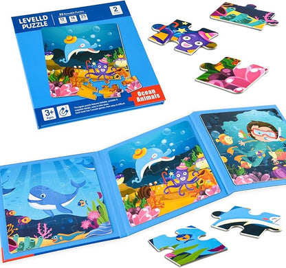 ASTARON Magnetic Puzzles for Toddlers, 12-16-25 Pieces Ocean Learning Magnet Puzzles for Road Trip, Educational Travel Toys Car Plane Activities for Kids, Kids Birthday Gifts