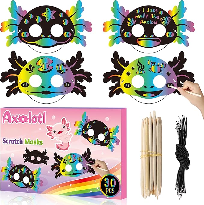 B1ykin 30Pcs Axolotl Scratch Mask Gift Set, DIY Magic Scratch Axolotl Masks Paper Art Craft Kit for Kids, Color Paper Party Favors for Girls Boys Birthday School Classroom Art Activity Project
