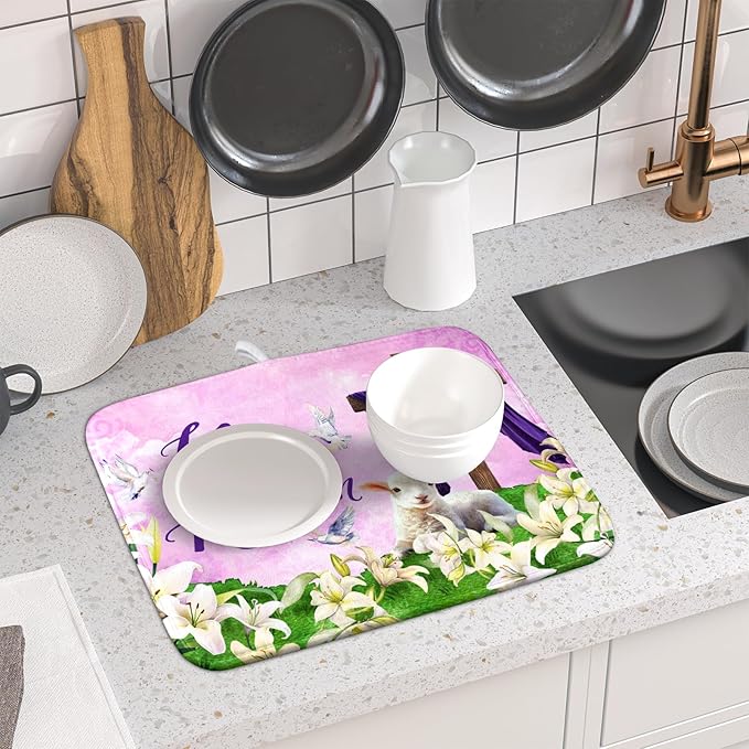 Giwawa Easter Purple Dish Drying Mat, He is Risen Cross Lamb Floral Dish