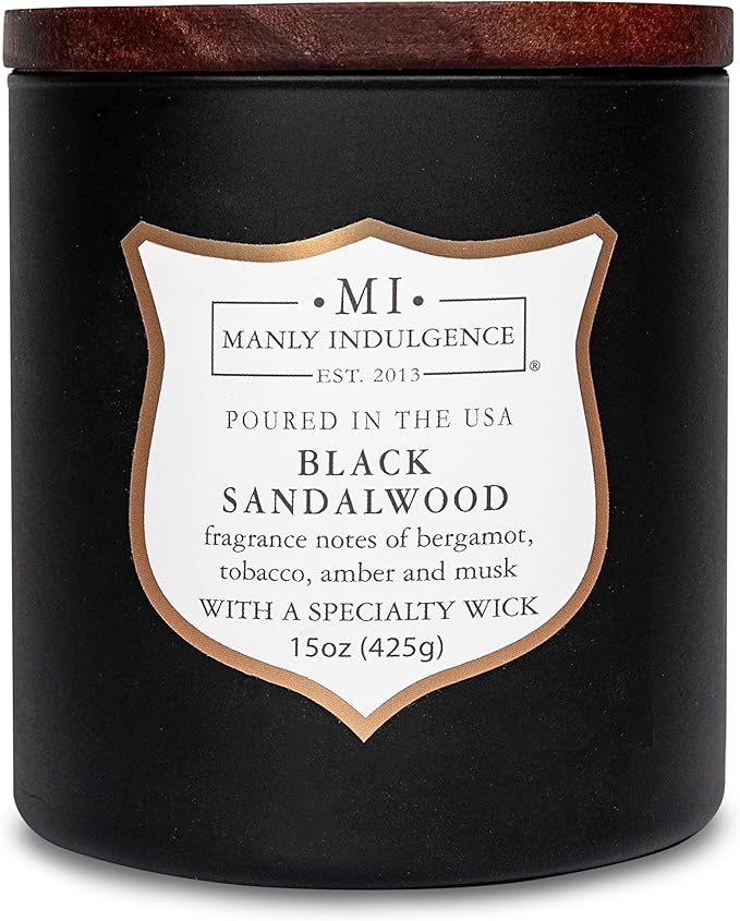 Manly Indulgence Black Sandalwood Scented Candle for Men 15 oz – Bergamot, Tobacco, Amber & Musk - Wood Wick - Up to 60 Hours Burn - Soy Blend Wax, USA Poured – Signature Collection