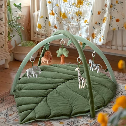 Baby Play Gym with Mat Leaf Shaped, Baby Play Mat with 6 Hanging Toys Tummy Time Mat, Baby Gym Activity Center, Washable (Green)