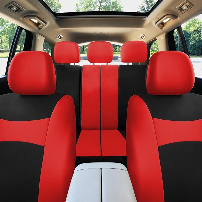 FH Group Car Seat Covers Combo Full Set with Carpet Floor mats Steering Wheel Cover and Seat Belt Pads- Universal Fit for Cars Trucks and SUVs Red