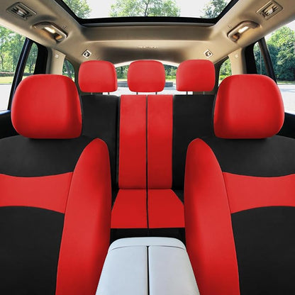 FH Group Car Seat Covers Combo Full Set with Carpet Floor mats Steering Wheel Cover and Seat Belt Pads- Universal Fit for Cars Trucks and SUVs Red