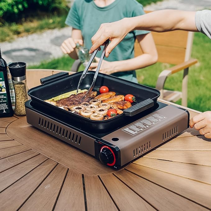ONLYFIRE Butane Stove with Grill Pan, Portable Stove with Small Griddle & Lid, Camping Stove Instant Ignition, Camp Stove for Cooking, Patio Backyard, Camping, RV and Emergency Use, GS349