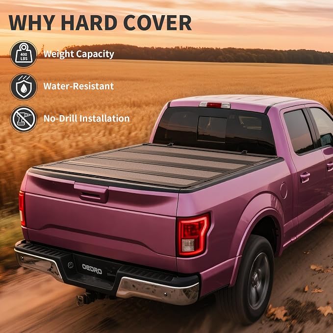 OEDRO Low-Profile Hard Quad-Fold Tonneau Cover Compatible with Toyota Tacoma 2016-2023 (Excl. Trail Edition) 5ft Bed with Tacoma Bed Rail, One-Handed Quick Release, Drainage Design