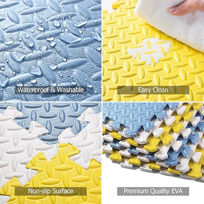 Foam Floor Mats for Kids, 12 x 12 Inch 16 Tiles 0.4" Thickness Foam Play Mat, Non-Toxic Square Interlocking Floor Mats Rubber Baby Play Mat for Toddlers(White/Yellow/Gray Blue)