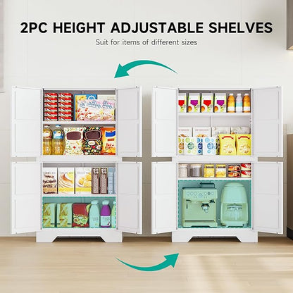 SISESOL White Storage Cabinet with 4 Doors and 2 Adjustable Shelves,Farmhouse Food Pantry Cabinets,Small Bathroom Cabinet,4 Tier Metal Storage Cabinets for Home Kitchen,Dining/Living/Laundry/Room